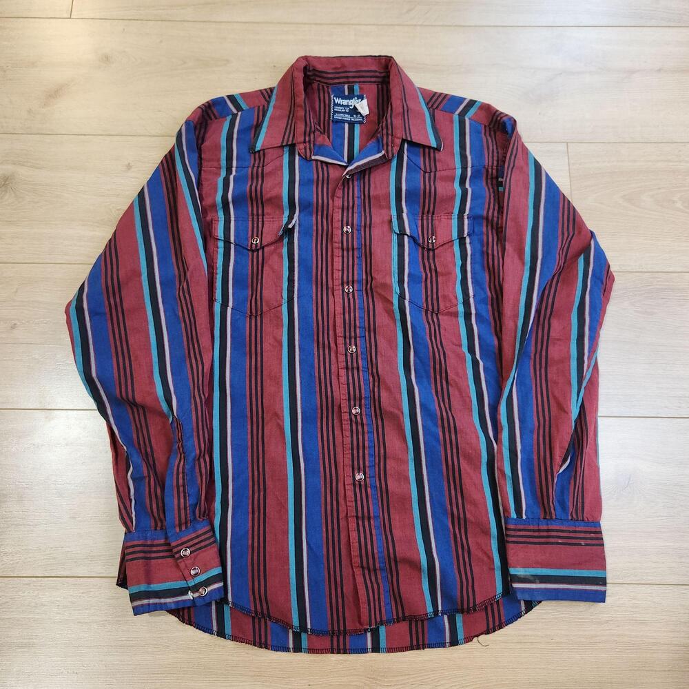 Vintage Wrangler Western Shirt Mens 16-35 Red Stripe Pearl Snap Cowboy USA 90s